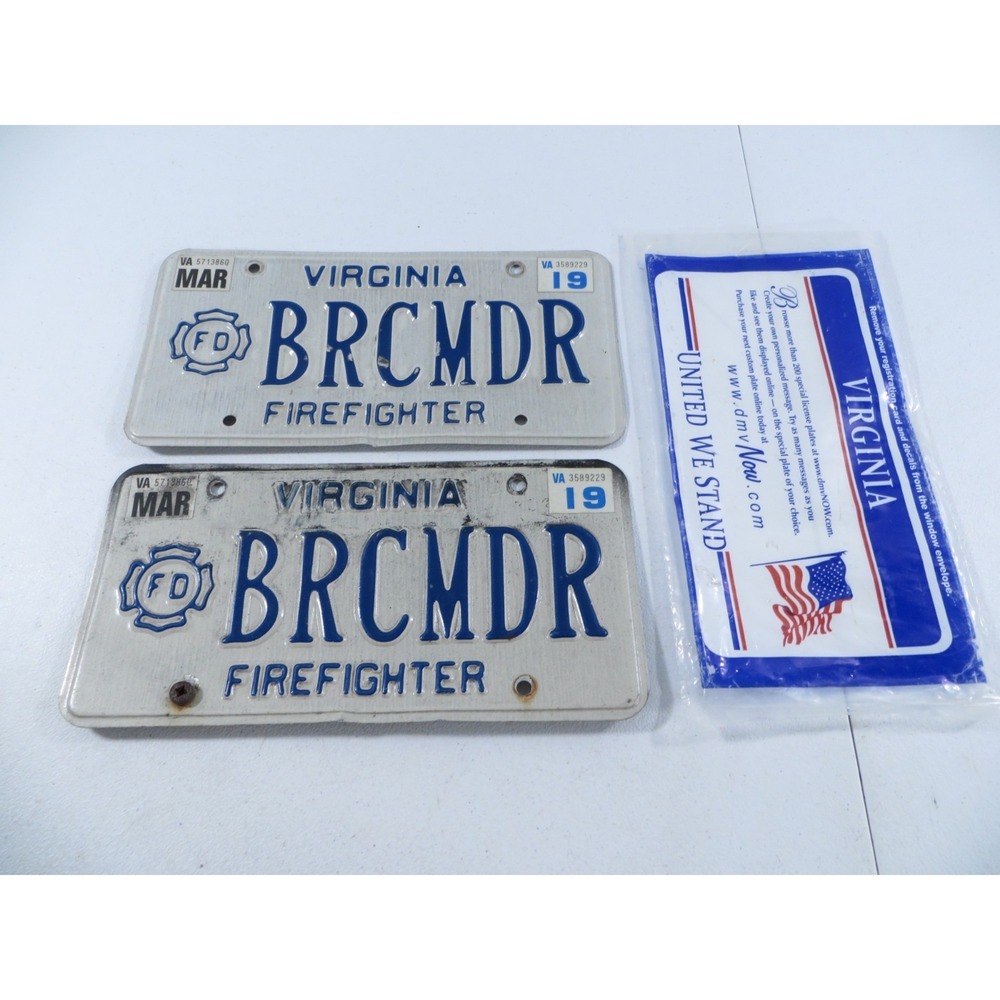 Virginia Fire Fighter Fire Man License Plate Set‎ Pair Personalized "BRCMDR"